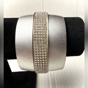 Wide Cuff Rhinestone Bangle Bracelet Plastic Two Piece Chunky Statement Silver